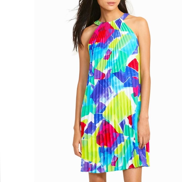 Ralph Lauren Size 10 Multi-color Pleated Halter Printed Trapeze Dress - Picture 1 of 7